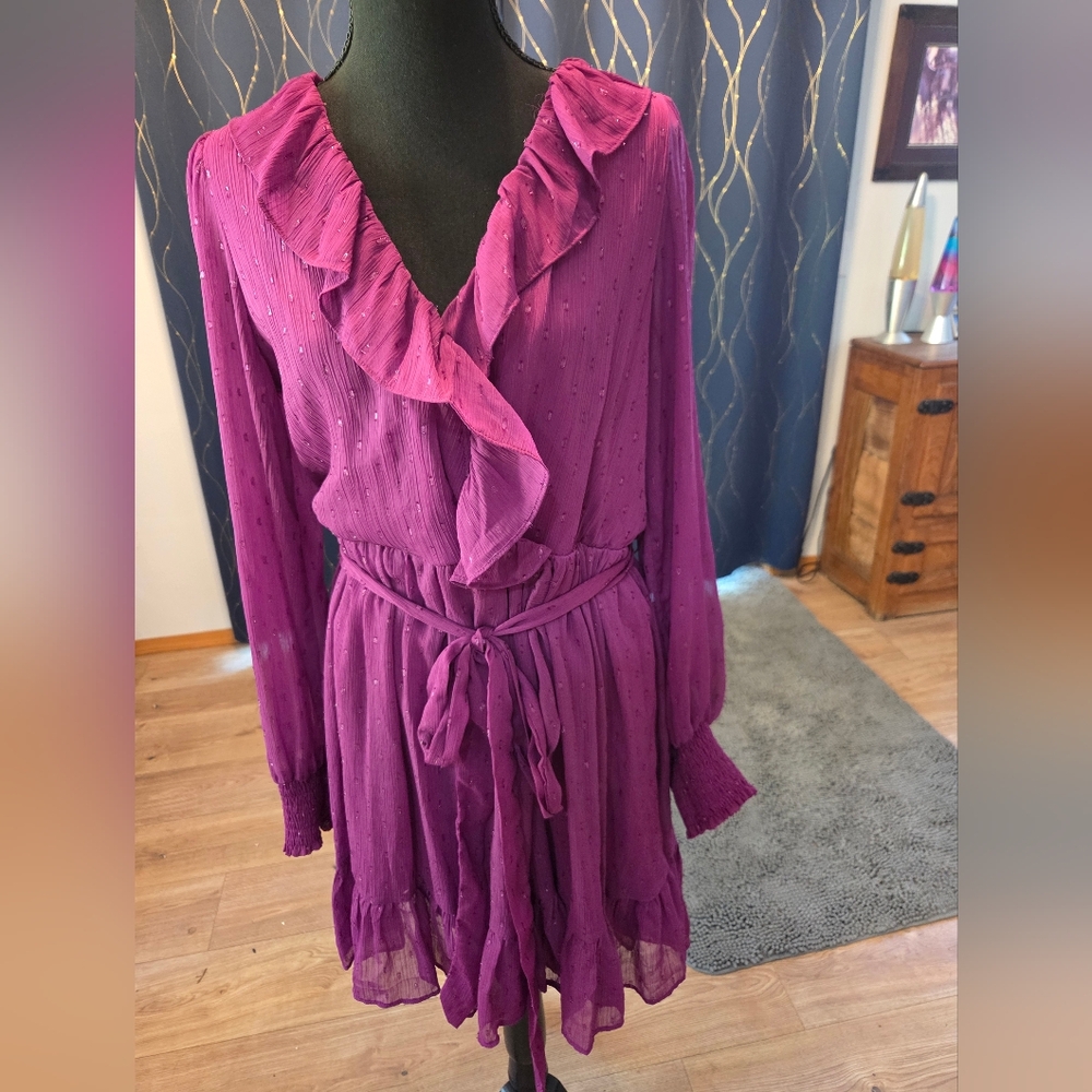 Taylor Magenta Long Sleeve Ruffle Dress